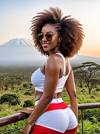 A tall athletic woman with a huge afro and large breasts enjoys the morning on Mt Kilimanjaro