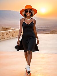 A 29 year old African woman stands at sunset atop Masada in Israel's desert landscape